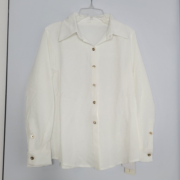 NWT Commense White Abstract Pattern Textured Relaxed Fit Gold Button-Down Shirt - Picture 3 of 8
